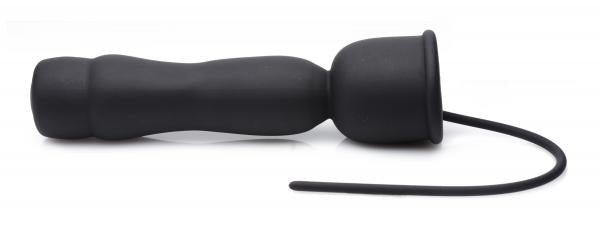 Black silicone penis head teaser with attached flexible urethral sound and USB charging cable.