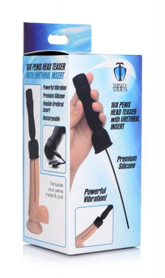 Packaging of a black silicone 16x Penis Head Teaser with flexible urethral insert and USB charging cable.