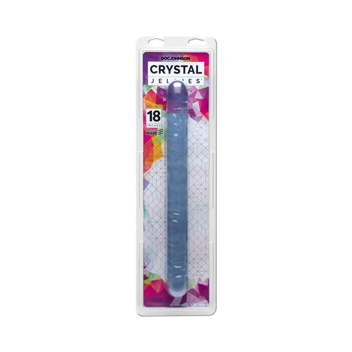 18-inch flexible double-ended toy in translucent blue packaging with colorful geometric background by Crystal Jellies.
