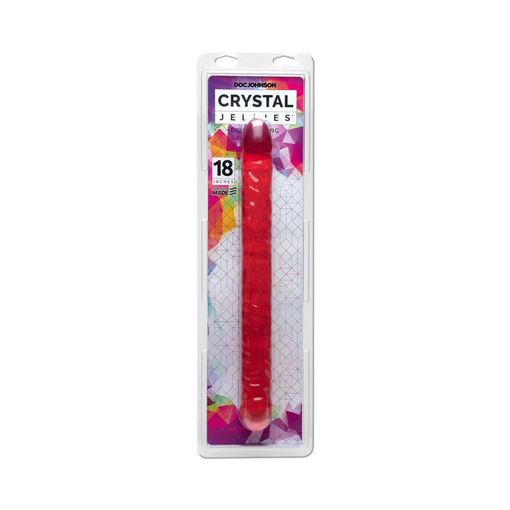 Crystal Jellies Double Dong in pink, 18 inches, packaged in clear plastic with colorful geometric background.