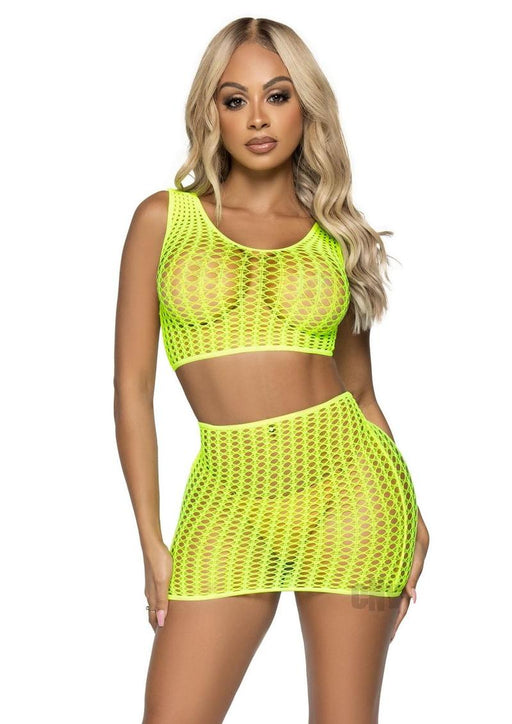 2 Pc. Crochet Net Crop Top and Mini Skirt - One Size - Neon Yellow - SexToy.com