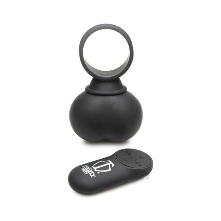 Black silicone vibrating balls with attached ring and wireless remote control for adjustable vibration settings.