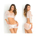Woman modeling a white crochet net crop top and mini skirt bodystocking set with long sleeves in front and side views.