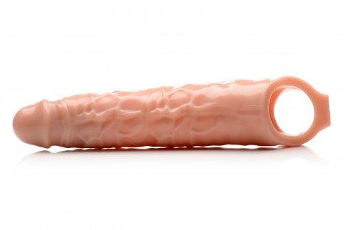 Beige 3-inch penis extender sleeve with textured veins and a strap for secure fit and added support.