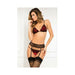 Woman wearing a black and red lace bra, matching panty, and black lace garter belt with stockings.