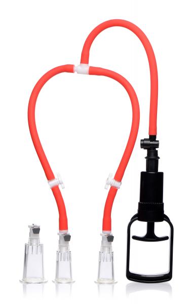 3-way red silicone and clear plastic nipple and clitoral pump system with hand pump and adjustable valves.