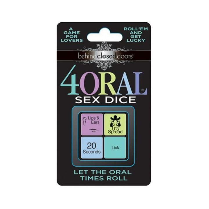 Behind Closed Doors 4 Oral Sex Dice game packaging with colorful dice showing actions, body parts, and time for playful foreplay.