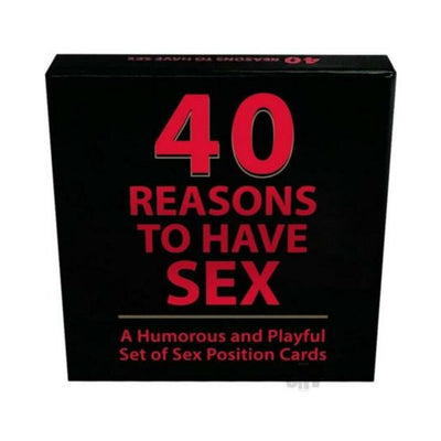 Box of 40 Reasons To Have Sex card game with bold red text on black, featuring playful sex position ideas.