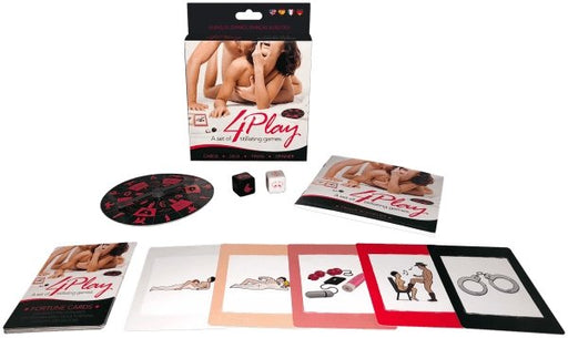 4play intimate game set with spinner, dice, action top, fortune cards, and body maps for couples' playful moments.