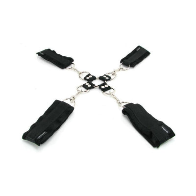 Black 5-piece hog tie set with adjustable padded cuffs connected by metal rings and clips on a white background.