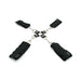 Black 5-piece hog tie set with adjustable padded cuffs connected by metal rings and clips on a white background.