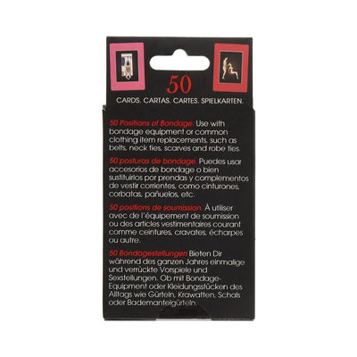 Back of 50 Positions of Bondage card game box with multilingual description and usage suggestions for bondage accessories.