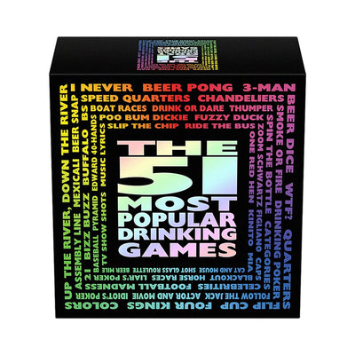 Box set of The 51 Most Popular Drinking Games with colorful text listing game names on a black background.