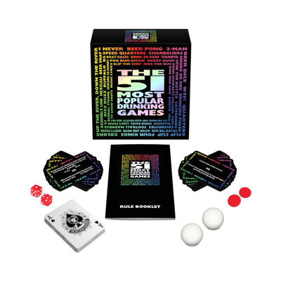 51 Drinking Games party set with colorful game box, rule booklet, playing cards, dice, chips, ping pong balls, and question cards.