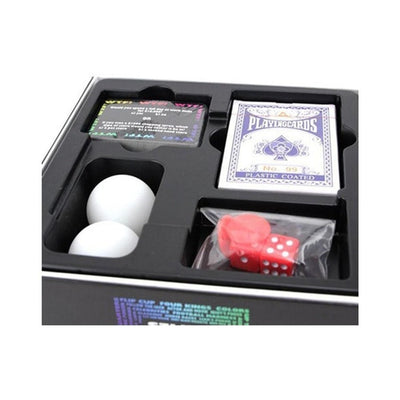 Boxed set of 51 Drinking Games including playing cards, ping pong balls, red dice, game chips, and question cards.