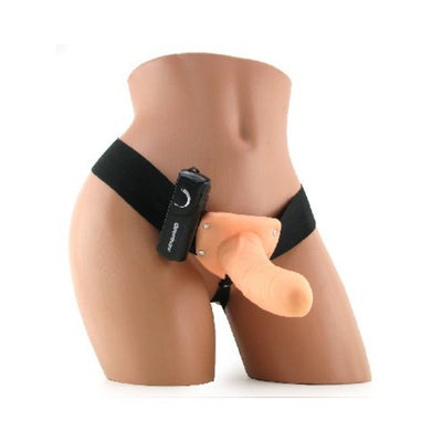Adjustable vibrating hollow strap-on dildo with remote control displayed on mannequin hips.