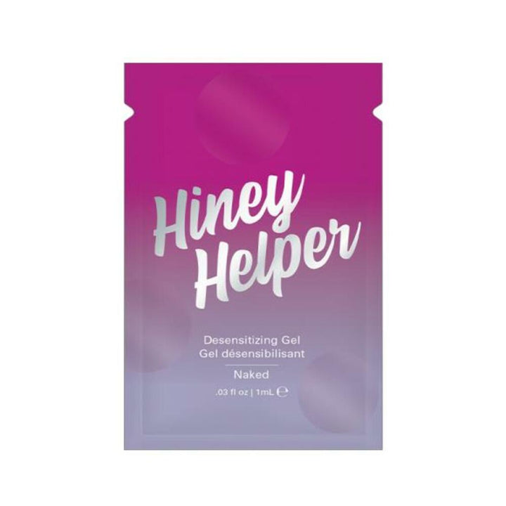 Single-use foil packet of Hiney Helper desensitizing gel in purple and lavender gradient packaging.
