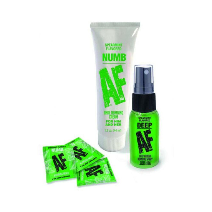 Numb AF kit with spearmint anal numbing cream, deep throat numbing spray, and three packets of numbing mints