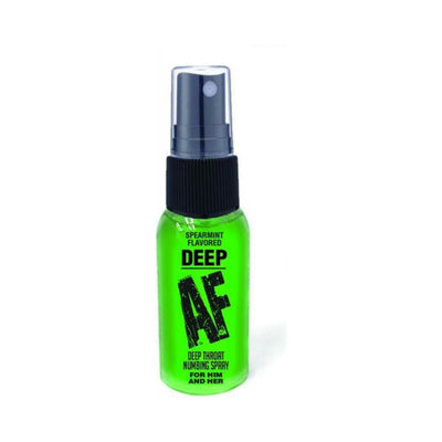Green bottle of spearmint-flavored Deep AF deep throat numbing spray with black spray top and clear cap.