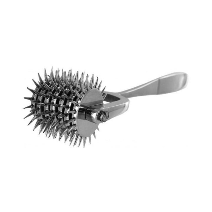 Sleek chrome seven-wheel pinwheel with sharp spikes and ergonomic handle for sensation play.