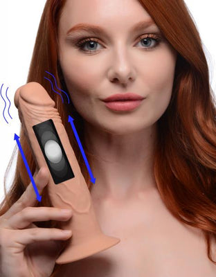 Woman holding a medium-sized realistic silicone dildo with remote control and motion indicators.