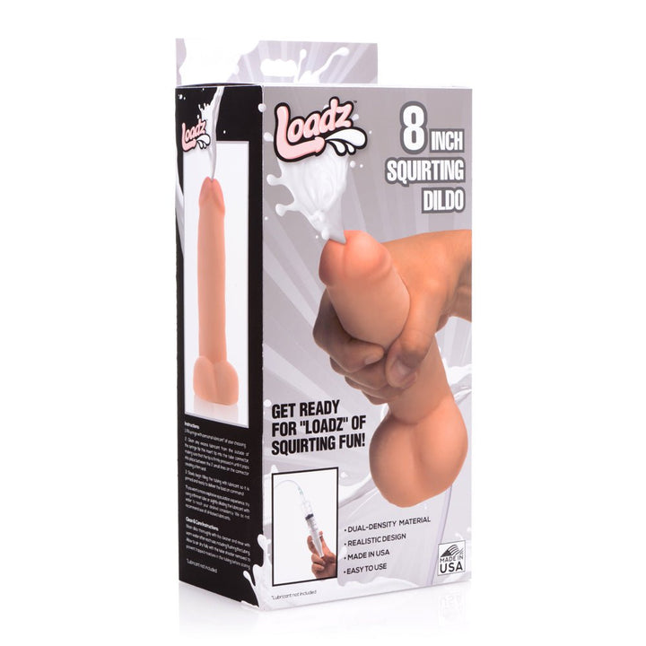 Packaging box for an 8 inch realistic dual density squirting dildo with product image and usage instructions.