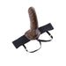 8-inch hollow brown strap-on dildo with adjustable black elastic harness on white background.