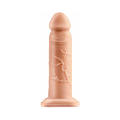 8-inch flesh-colored silicone hollow extension with realistic texture and veining on a flat base.