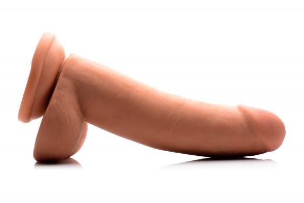 Tan 8-inch realistic dual layer dildo with suction cup base and detailed texture for hands-free or strap-on use.