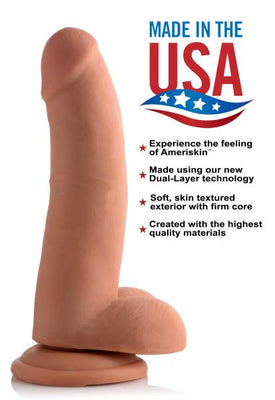 Tan 8-inch dual-layer realistic dildo with suction cup base, made in the USA with Ameriskin material for lifelike texture.