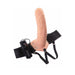 8-inch flesh-colored hollow strap-on with adjustable black elastic harness and remote control vibrator.