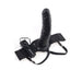 Black 8-inch hollow strap-on with adjustable elastic harness and wired remote control for vibration settings.