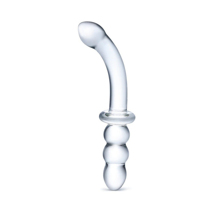 Clear 8-inch ribbed glass dildo with curved tip and textured shaft for targeted G-spot stimulation.