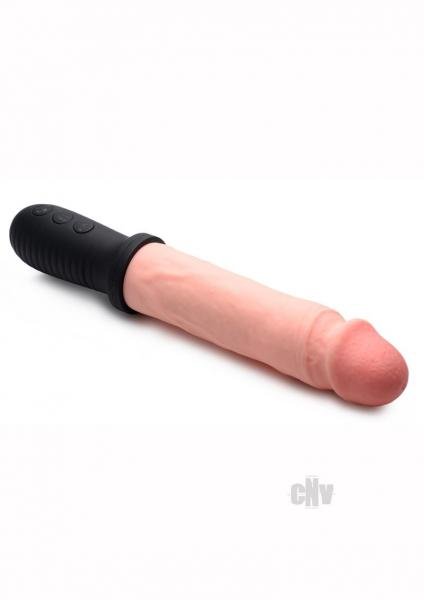 Realistic flesh-toned vibrating and thrusting dildo with textured black handle and control buttons.