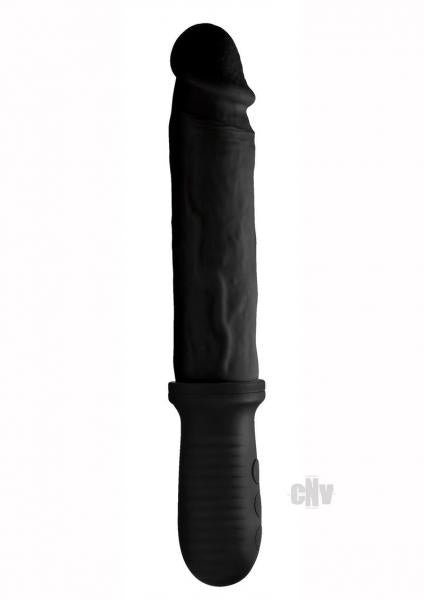 Black vibrating and thrusting dildo with textured shaft and ergonomic handle with control buttons.