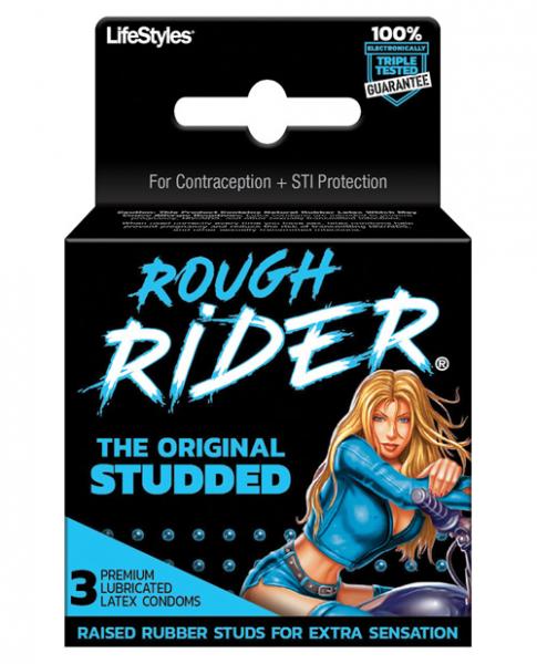 Pack of 3 Rough Rider studded condoms with raised rubber studs for enhanced sensation and STI protection.