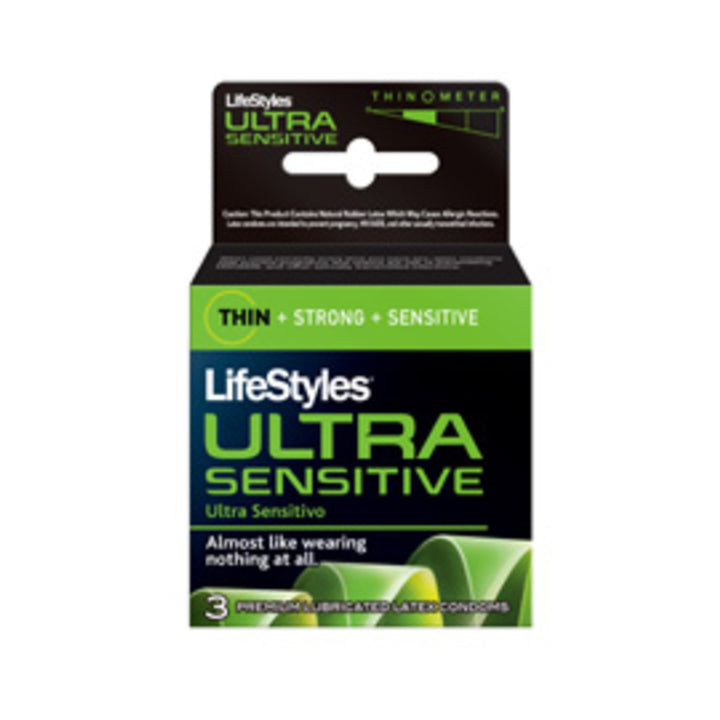 LifeStyles Ultra Sensitive lubricated latex condoms 3-pack box with green and black design.
