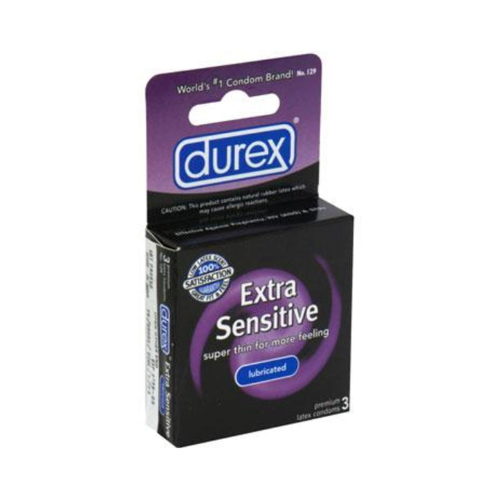 Durex Extra Sensitive 3-pack condom box with purple and black design, highlighting super thin and lubricated features.