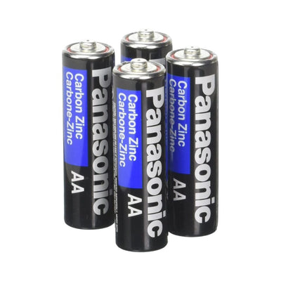 Four Panasonic AA carbon zinc batteries standing upright on a white background.