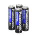 Four Panasonic AA carbon zinc batteries standing upright on a white background.