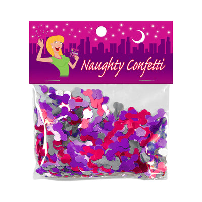 Package of assorted metallic red, purple, blue, and pink novelty confetti with playful party-themed header card.
