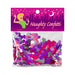 Package of assorted metallic red, purple, blue, and pink novelty confetti with playful party-themed header card.