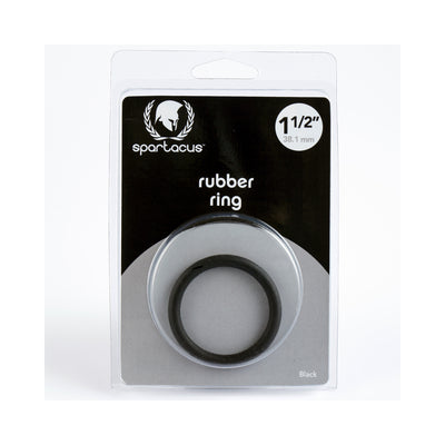 Spartacus black rubber cock ring 1.5 inch in clear plastic packaging with black and gray backing.