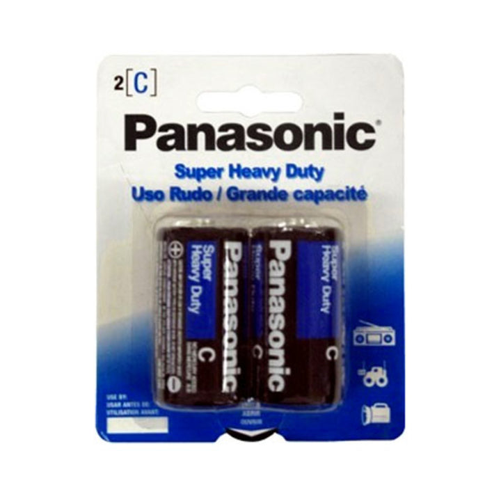 Pack of two Panasonic C-2 Super Heavy Duty batteries in blue and black packaging for reliable power.