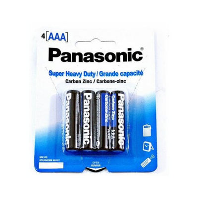 Pack of four Panasonic AAA super heavy duty carbon zinc batteries in blue and white packaging.