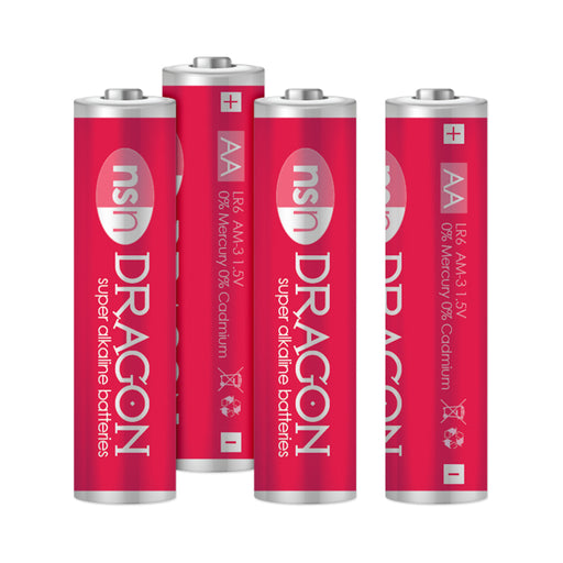 Four red Dragon AA super alkaline batteries standing upright on a white background.