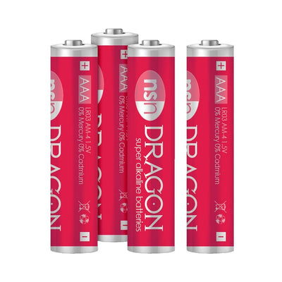 Pack of four red Dragon AAA alkaline batteries with silver tops and white text branding.