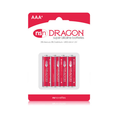 Pack of four Dragon brand AAA super alkaline batteries in red and white packaging with eco-friendly labeling.