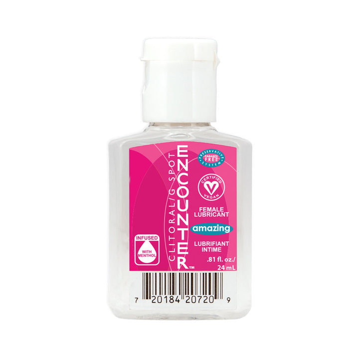 Small clear bottle of Amazing Encounter female lubricant with pink label, vegan certified and menthol infused, 24ml size.