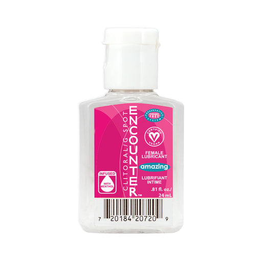 Small clear bottle of Amazing Encounter female lubricant with pink label, vegan certified and menthol infused, 24ml size.